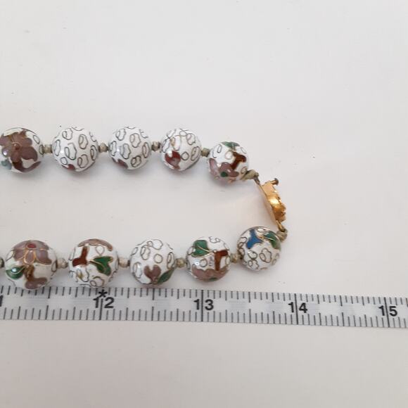 Vintage Chinese Cloisonné Bead Necklace Hand Knotted Enamel Flower Champleve - Picture 10 of 10
